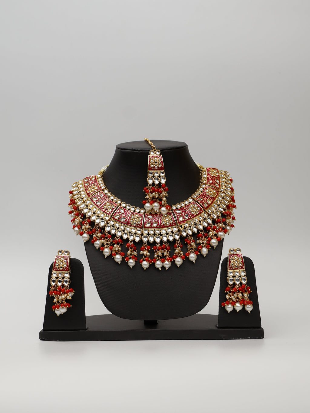 Red Meenakari Kundan & Pearl Bridal Jewellery Set