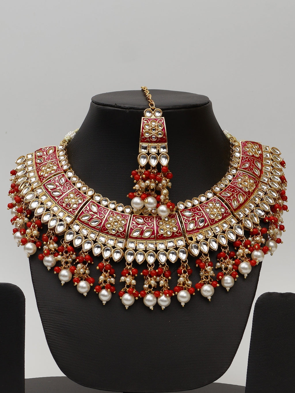 Red Meenakari Kundan & Pearl Bridal Jewellery Set