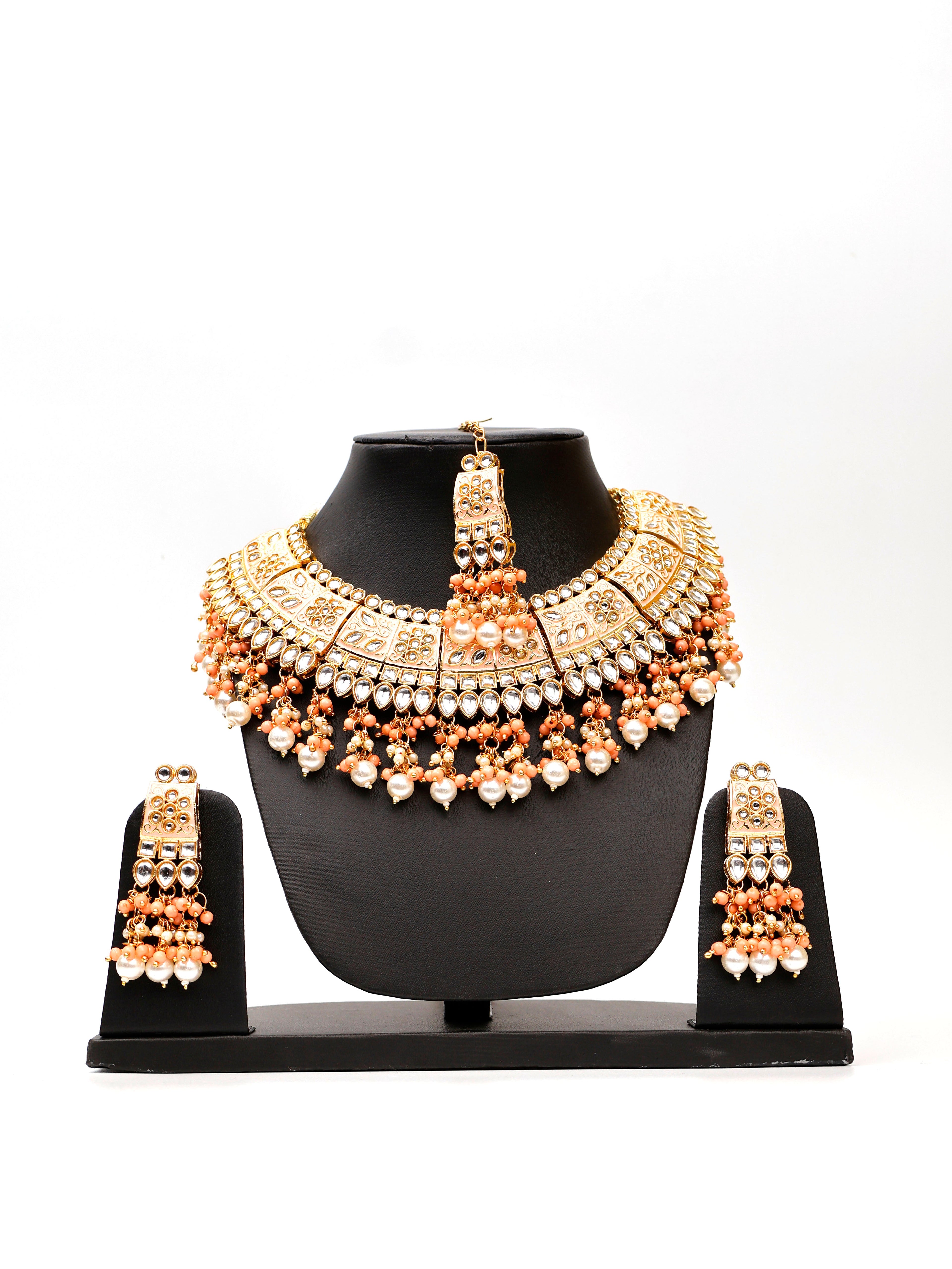 Peach Meenakari Kundan & Pearl Jewellery Set