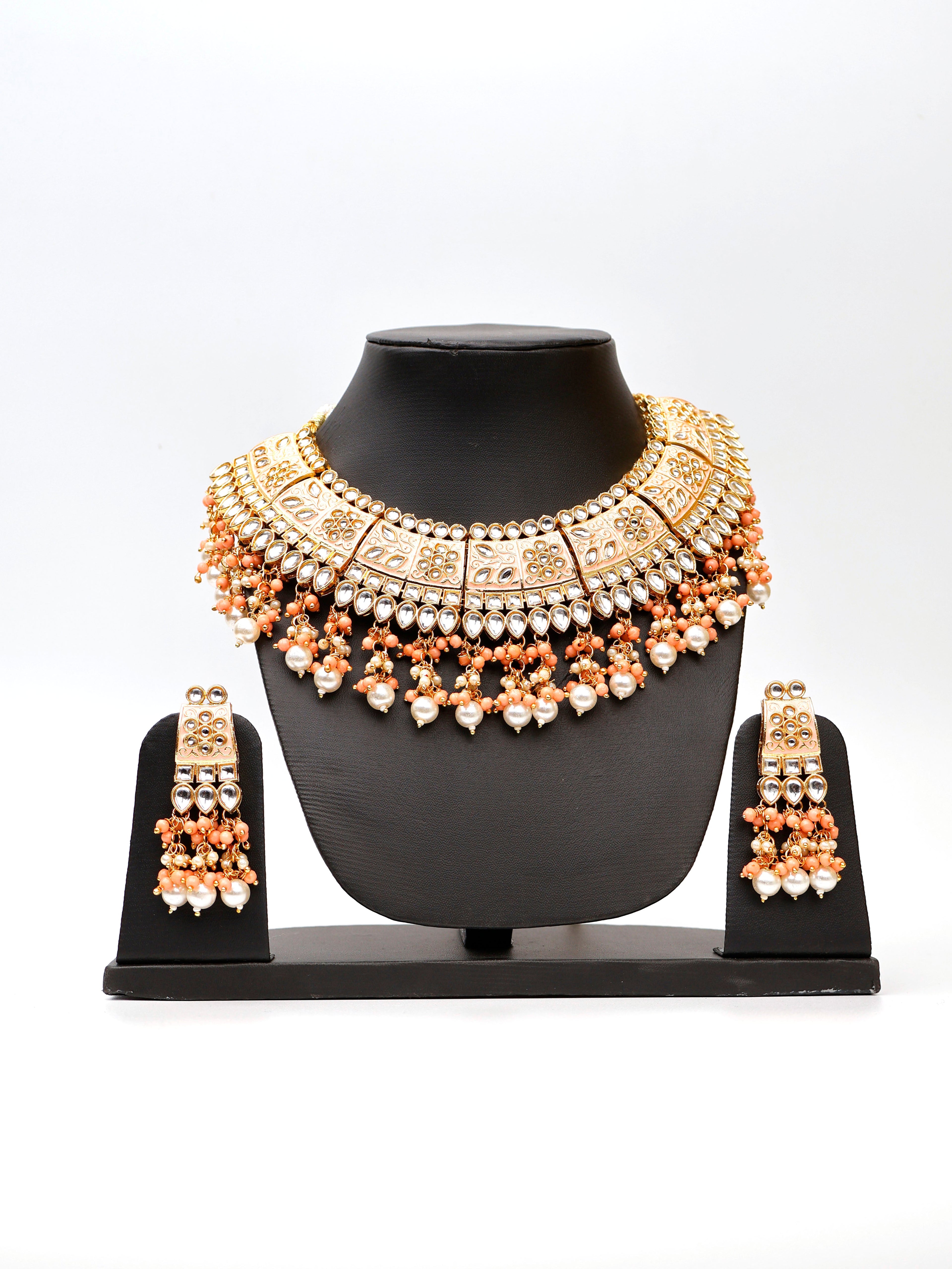 Peach Meenakari Kundan & Pearl Jewellery Set